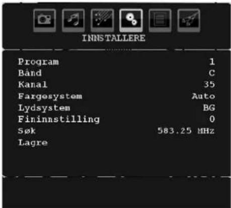 INNS TALLERE Program 1 Band C Kanal 35 Fargesystem Auto Lydsystem BG Fininnstilling 0 Søk 583.25 MHz Lagre