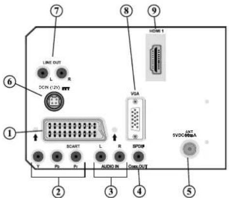 LINE OUT DCN (129) SCART P3 P1 AUDIO IN ComOUT VGA SPDIP HDMI 1 6 ① ② ③ ④ ⑤ ⑦ ⑧ ⑨