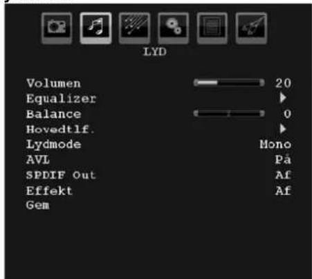 LYD Volumen 20 Equalizer ▶ Balance 0 Hovedtlf. ▶ Lydmode Mono AVL På SPDIF Out Af Effekt Af Gem