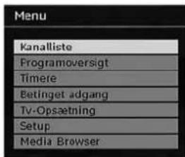 Menu Kanalliste Programoversigt Timele Betinget adgang Tv-Opsætning Setup Media Browser