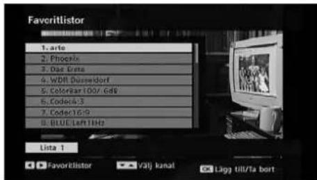 Favoritlistor 1. arte 2. Phoenix 3. Dad Erisa 4. WDB Dusseldorf 5. Colorstar 100/6ds 6. Codec4-3 7. Codec16-9 8. BLUELeft1Hz Lista 1 Favoritelistor valj kanal Lagg till/ta bort
