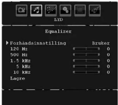 LYD Equalizer ► Forhåndsinnstilling Bruker 120 Hz 500 Hz 1.5 kHz 5 kHz 10 kHz Lagre 0 0 0 0 0