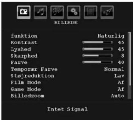 BILLEDE funktion Naturlig Kontrast 45 Lyshed 45 Skarphed 8 Farve 40 Temporär Farve Normal Støjreduktion Lav Film Mode Af Game Mode Af Billedzoom Auto Intet Signal