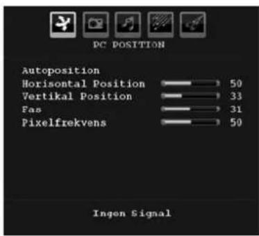 DC POSITION Autoposition Horizontal Position 50 Vertical Position 33 Fas 31 Pixelfrekvens 50 Ingen Signal