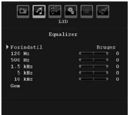 LYD Equalizer ► Forindstil Bruger 120 Hz 0 500 Hz 0 1.5 kHz 0 5 kHz 0 10 kHz 0 Gem