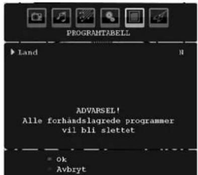 PROGRAMTABELL ► Land N ADVARSEL! Alle forhåndslagrede programmer vil bli slettet ■ Ok ■ Avbryt