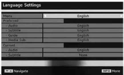 Language Settings Menu English Preferred - Audio English - Subtitle English - Guide English - Media Sub... English Current - Audio English - Subtitle None Navigate info More