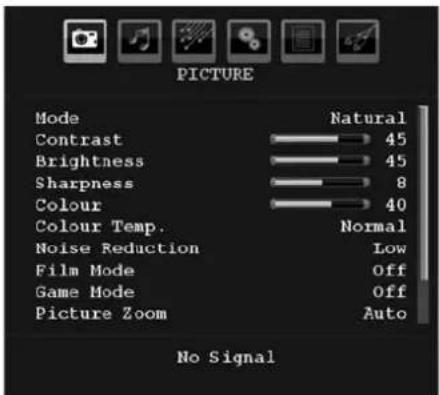 PICTURE Mode Natural Contrast 45 Brightness 45 Sharpness 8 Colour 40 Colour Temp. Noise Reduction Normal Film Mode Low Game Mode Off Picture Zoom Auto No Signal