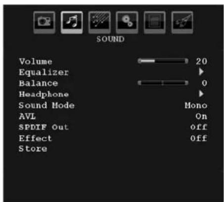SOUND Volume 20 Equalizer ► Balance 0 Headphone ► Sound Mode Mono AVL On SPDIF Out off Effect Off Store