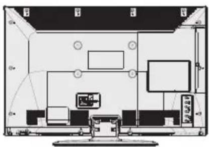 Top-down schematic of a TV setup with monitor, keyboard, and wall-mounted screens (no text or labels)