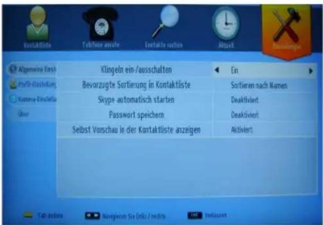 Klingeln ein-/ausschalten Bevorzugte Sortierung in Kontaktliste Skype automatisch starten Password speichern Selbst Vorschau in der Kontaktliste anzeigen Ein Sortieren nach Namen Deaktiviert Deaktiviert Aktiviert