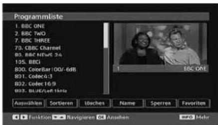 Programmliste 1. BBC ONE 2. BBC TWO 7. BBC THREE 70. CBC Channel 80. BBC NEWE 24 195. BBCI 800. ColorBar 100/-6dB 801. Codec4:3 802. Codec 10:9 803. BLUE/Left Magic BBC ONE Auswählen Sortieren Löschen Name Sperren Favoriten Funktion Ravigieren On Ansehen INFO Mehr