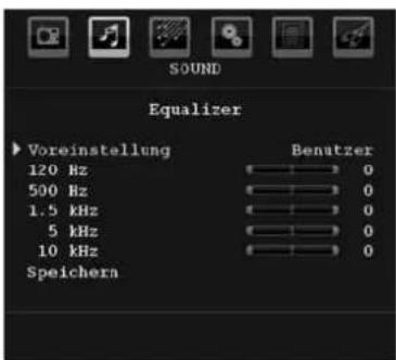SOUND Equalizer ► Voreinstellung 120 Hz 500 Hz 1.5 kHz 5 kHz 10 kHz Speichern Benutzer 0 0 0 0 0