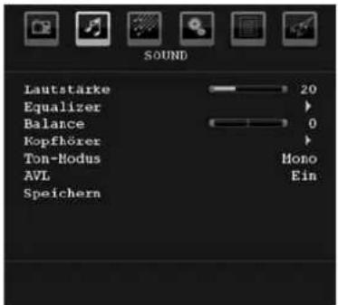 SOUND Lautstärke 20 Equalizer Balance 0 Kopfhörer Ton-Nodus AVL Mono Speichern Ein
