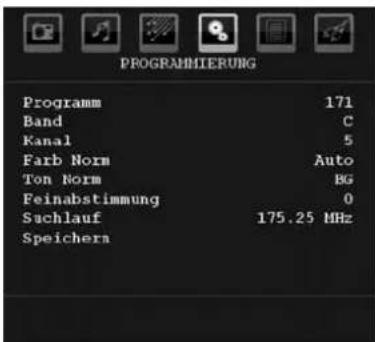 PROGRAMMIEURUNG Programm 171 Band C Kanal 5 Farb Norm Auto Ton Norm 8G Feinabstimmung 0 Suchlauf 175.25 MHz Speichern
