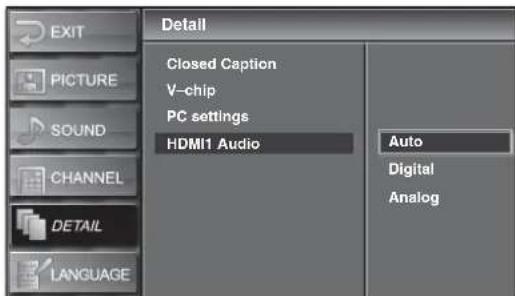 EXIT PICTURE SOUND CHANNEL DETAIL LANGUAGE Detail Closed Caption V-chip PC settings HDMI1 Audio Auto Digital Analog