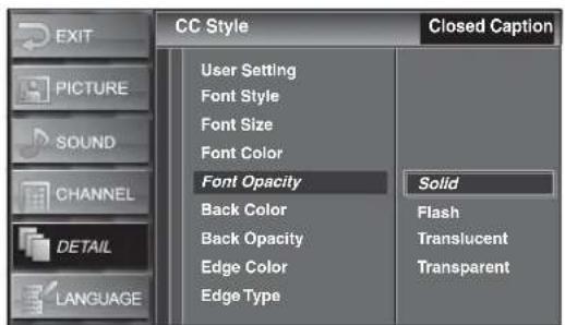 CC Style Closed Caption User Setting Font Style Font Size Font Color Font Opacity Back Color Back Opacity Edge Color Edge Type Solid Flash Translucent Transparent