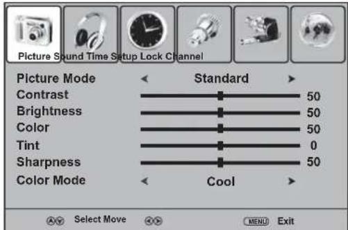 Picture Sound Time Setup Lock Channel Picture Mode Standard Contrast 50 Brightness 50 Color 50 Tint 0 Sharpness 50 Color Mode Cool AVS Select Move OK MENU Exit