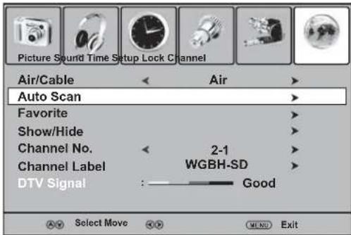 Picture Sound Time Setup Lock Channel Air/Cable Air Auto Scan Favorite Show/Hide Channel No. 2-1 Channel Label WGBH-SD DTV Signal Good Select Move OK MENU Exit
