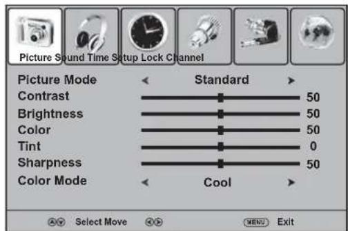 Picture Sound Time Setup Lock Channel Picture Mode < Standard > Contrast 50 Brightness 50 Color 50 Tint 0 Sharpness 50 Color Mode < Cool > Select Move MENU Exit