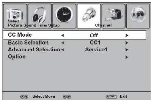Select Picture Sound Time Setup Channel CC Mode Off Basic Selection CC1 Advanced Selection Service1 Option A# Select Move OK MENU Exit