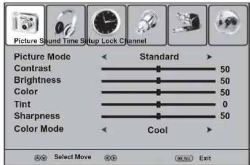Picture Sound Time Setup Lock Channel Picture Mode Standard Contrast 50 Brightness 50 Color 50 Tint 0 Sharpness 50 Color Mode Cool Select Move OK MENU Exit