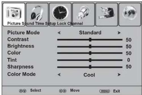 Picture Sound Time Setup Lock Channel Picture Mode Standard Contrast 50 Brightness 50 Color 50 Tint 0 Sharpness 50 Color Mode Cool Select Move MENU Exit