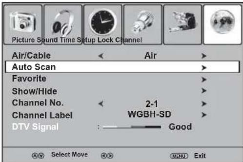 Picture Sound Time Setup Lock Channel Air/Cable Air Auto Scan Favorite Show/Hide Channel No. 2-1 Channel Label WGBH-SD DTV Signal Good Select Move MENU Exit