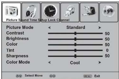 Picture Sound Time Setup Lock Channel Picture Mode Standard Contrast 50 Brightness 50 Color 50 Tint 0 Sharpness 50 Color Mode Cool Select Move OK MENU Exit