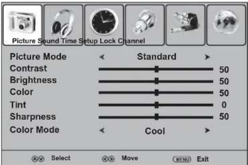 Picture Sound Time Setup Lock Channel Picture Mode Standard Contrast 50 Brightness 50 Color 50 Tint 0 Sharpness 50 Color Mode Cool OK Select OK Move MENU Exit