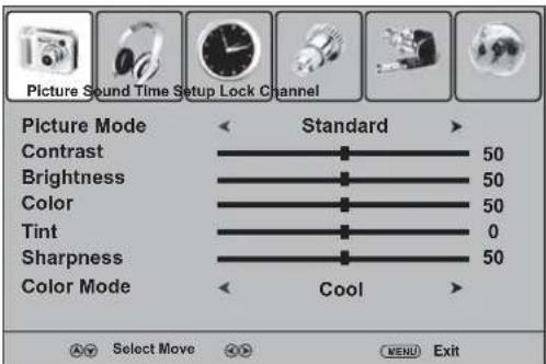 Picture Sound Time Setup Lock Channel Picture Mode Standard Contrast 50 Brightness 50 Color 50 Tint 0 Sharpness 50 Color Mode Cool Select Move OK MENU Exit