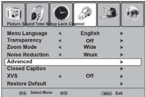Picture Sound Time Setup Lock Channel Menu Language Transparency Zoom Mode Noise Reduction Advanced Closed Caption XVS Restore Default English Off Wide Weak Off Select Move MENU Exit