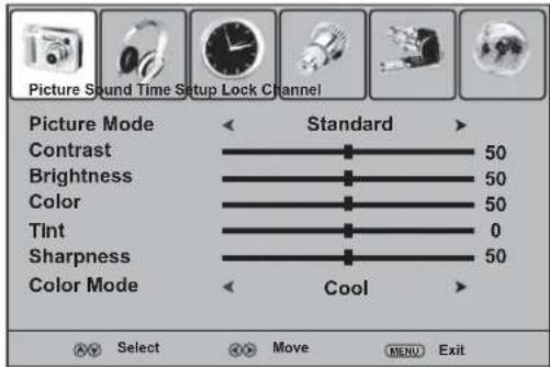 Picture Sound Time Setup Lock Channel Picture Mode Standard Contrast 50 Brightness 50 Color 50 Tint 0 Sharpness 50 Color Mode Cool AV Select Move MENU Exit
