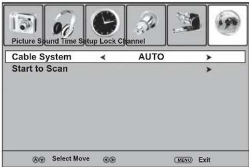 Picture Sound Time Setup Lock Channel Cable System ← AUTO → Start to Scan Select Move > MENU Exit