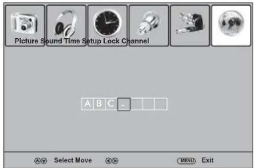 Picture Sound Time Setup Lock Channel A B C _ A&V Select Move OKS MENU Exit