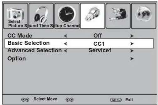Select Picture Sound Time Setup Channel CC Mode Off Basic Selection CC1 Advanced Selection Service1 Option AV Select Move OK MENU Exit