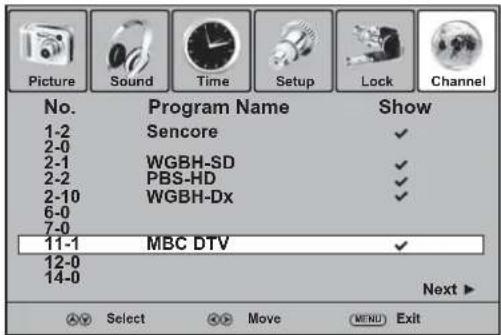 Picture Sound Time Setup Lock Channel No. Program Name Show 1-2 Sencore ✓ 2-0 WGBH-SD ✓ 2-1 PBS-HD ✓ 2-2 WGBH-Dx ✓ 2-10 WGBH-Dx ✓ 6-0 7-0 11-1 MBC DTV ✓ 12-0 Next ▶ 14-0 Select Move MENU Exit