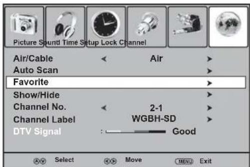 Picture Sound Time Setup Lock Channel Air/Cable Auto Scan Favorite Show/Hide Channel No. Channel Label DTV Signal 2-1 WGBH-SD Good Select Move MENU Exit