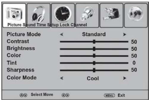 Picture Sound Time Setup Lock Channel Picture Mode Standard Contrast 50 Brightness 50 Color 50 Tint 0 Sharpness 50 Color Mode Cool Select Move OK MENU Exit