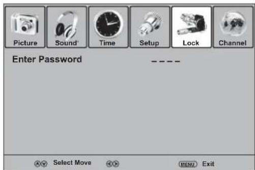 Picture Sound Time Setup Lock Channel Enter Password ---- A9 Select Move KX MENU Exit