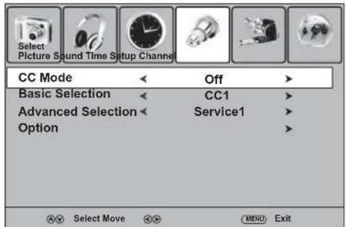 Select Picture Sound Time Setup Channel CC Mode Off > Basic Selection CC1 > Advanced Selection Service1 > Option >