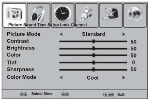 Picture Sound Time Setup Lock Channel Picture Mode Standard Contrast 50 Brightness 50 Color 50 Tint 0 Sharpness 50 Color Mode Cool AV Select Move OK CMENU Exit