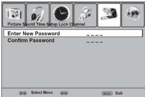 Picture Sound Time Setup Lock Channel Enter New Password Confirm Password A$ Select Move MENU Exit
