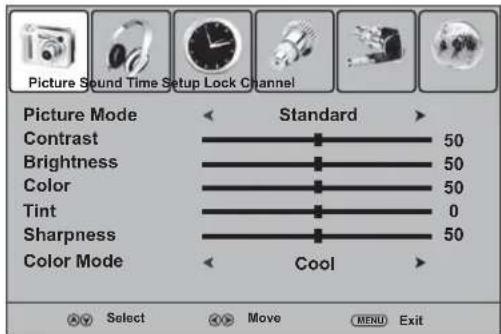 Picture Sound Time Setup Lock Channel Picture Mode Standard Contrast 50 Brightness 50 Color 50 Tint 0 Sharpness 50 Color Mode Cool OK Select OK Move MENU Exit