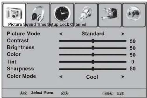 Picture Sound Time Setup Lock Channel Picture Mode Standard Contrast 50 Brightness 50 Color 50 Tint 0 Sharpness 50 Color Mode Cool AV Select Move OK MENU Exit