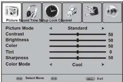Picture Sound Time Setup Lock Channel Picture Mode Standard Contrast 50 Brightness 50 Color 50 Tint 0 Sharpness 50 Color Mode Cool AV Select Move OK MENU Exit