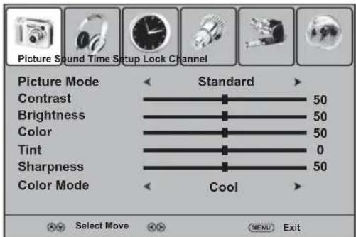Picture Sound Time Setup Lock Channel Picture Mode Standard Contrast 50 Brightness 50 Color 50 Tint 0 Sharpness 50 Color Mode Cool AX Select Move OK MENU Exit