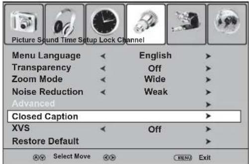 Picture Sound Time Setup Lock Channel Menu Language Transparency Zoom Mode Noise Reduction Advanced Closed Caption XVS Restore Default English Off Wide Weak Off Select Move MENU Exit