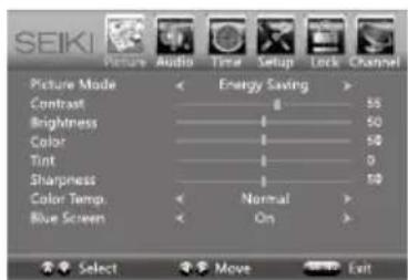 SEIKI Picture Mode Contrast Brightness Color Tint Sharpness Color Temp. Blue Screen Energy Saving 50 50 50 0 50 Normal On Select Move Exit