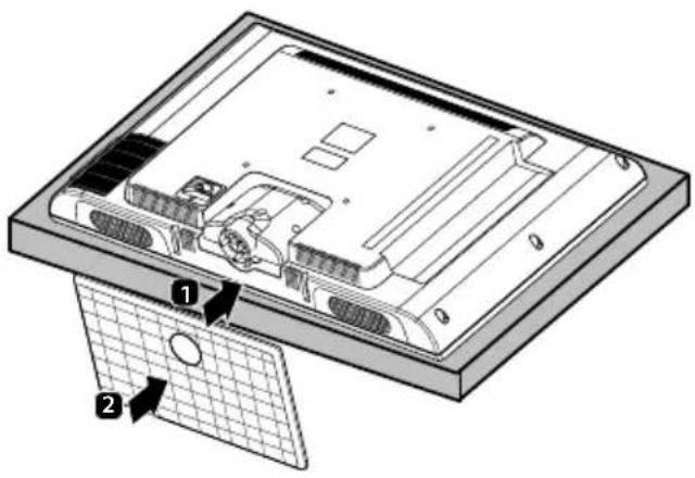 Technical diagram of an electronic device showing internal components and labeled parts, including a grid panel and numbered parts 1 and 2.
